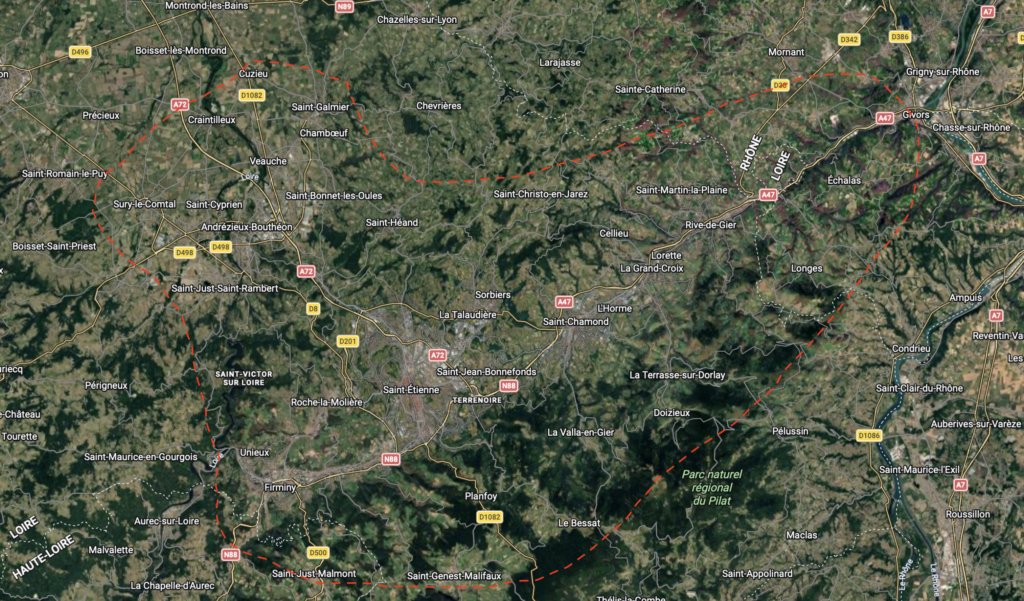Carte de la zone d'intervention de Tropix Paysage, paysagiste à Saint-Chamond, de Saint-Étienne à Rive-de-Gier